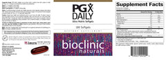 Bioclinic Naturals PGX Daily Ultra Matrix Softgels bottle closeup, easy-to-swallow capsules for daily use.