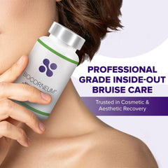 BIOCORNEUM bottle label showcases Arnica, Bromelain, and vitamins.