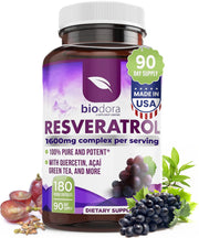 Biodora Resveratrol bottle front highlighting antioxidant support for daily vitality.