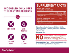 BioEmblem CoQ10 Bioperine bottle emphasizing enhanced absorption.