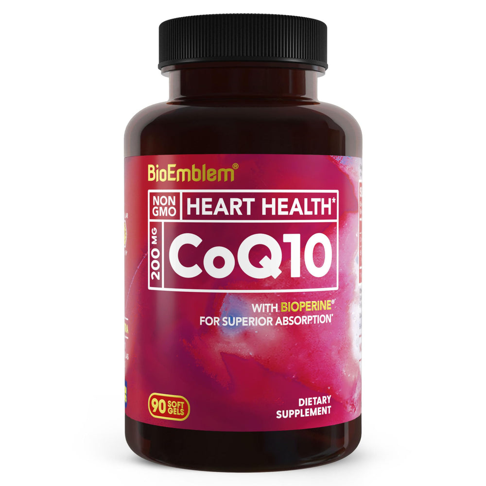 BioEmblem CoQ10 softgels bottle close-up highlighting high absorption.