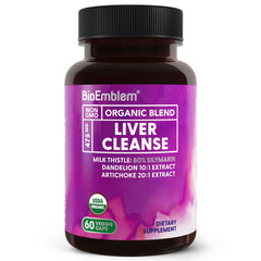 BioEmblem Liver Cleanse bottle label showing USDA Organic formula for liver support