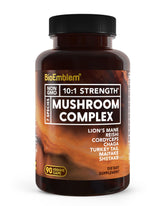 BioEmblem Mushroom Complex bottle front with 90 vegan capsules for daily immune support and energy.