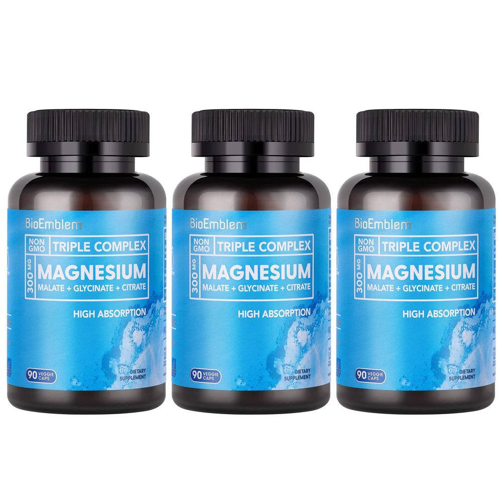 BioEmblem Triple Magnesium bottle front highlighting high absorption for daily wellness.