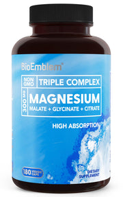 BioEmblem Triple Magnesium Complex bottle with capsules supporting daily muscle and nerve function.