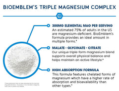 BioEmblem Triple Magnesium Complex label-view highlights vegan, gluten-free and non-GMO attributes.