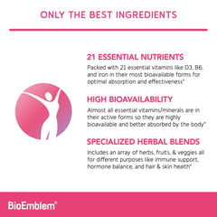 BioEmblem Women's Multivitamin capsules displayed, emphasizing veggie capsules for gluten-free daily support.