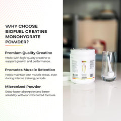 Scoop of Biofuel Creatine Monohydrate Powder ready to mix for stronger workouts.