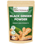Biofunctionals black ginger powder in a jar ready to mix into shakes