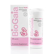 BioGaia Elactia bottle closeup highlighting daily probiotic support for breastfeeding comfort.