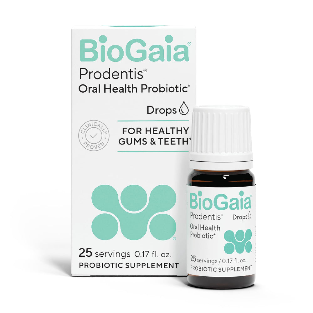 BioGaia Prodentis drops bottle illustrates daily use to support oral microbiome balance.