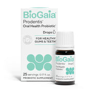 BioGaia Prodentis drops bottle illustrates daily use to support oral microbiome balance.