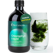 Biogenesis Chlorophyll Liquid bottle being poured for refreshing peppermint hydration