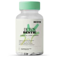 Biohacking Bestie Detox Bestie bottle front, branded packaging for daily detox support