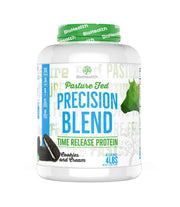 BioHealth Nutrition Precision Blend tub label highlighting sustained protein release