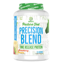 BioHealth Precision Blend strawberry banana shake for steady protein release and workout fueling.