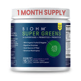 BIOHM Super Greens jar with label showing natural ingredients for daily vitality