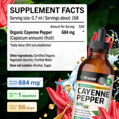 BIO KRAUTER Cayenne Drops label highlights vegan, non-GMO, and alcohol-free formula.