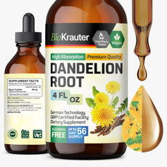 BIO KRAUTER Dandelion Root Extract bottle shows a vegan, alcohol-free tincture for daily wellness.