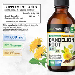 Dandelion root ingredients emphasize a natural plant-based tincture derived from Taraxacum officinale.