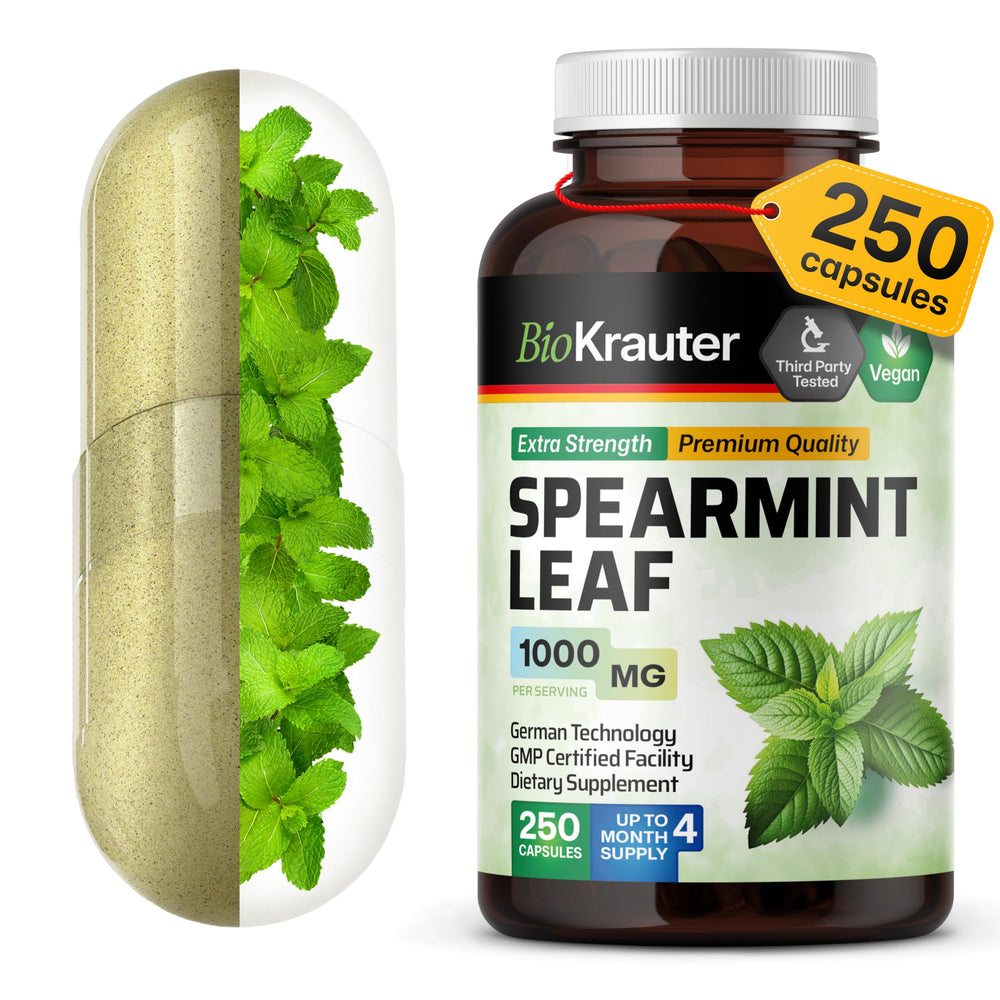 BIO KRAUTER Spearmint Capsules bottle close-up, vegan formula for daily digestive comfort.