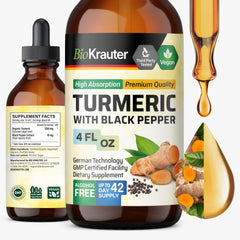 BIO KRAUTER Turmeric Tincture bottle highlights vegan, alcohol-free formula.