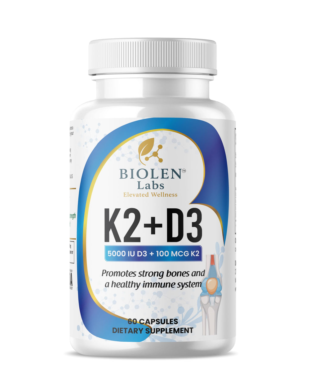 Biolen Labs K2 + D3 bottle front highlighting vitamin D3 potency for immune support