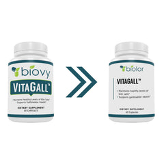 Biolor VitaGall bottle pour demonstrates easy daily capsules for ongoing digestive support.