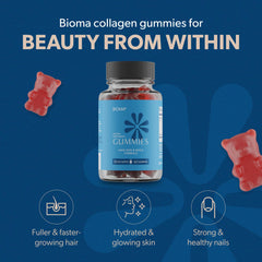 Closeup of BIOMA Beauty Gummies showing tasty gummies for daily hair, skin, and nail care.