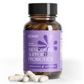 BIOMA Menopause bottle front showing hormone-free probiotic support for daily use