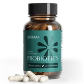 BIOMA Probiotics bottle on kitchen counter promoting digestive balance for daily wellness