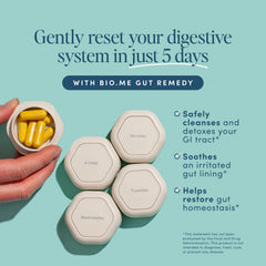 Closeup of Bio.me Biome Gut Remedy capsules for convenient daily cleanse