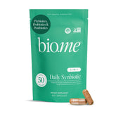 Biome Synbiotic bottle closeup highlighting a 3-in-1 daily formula for digestive balance.