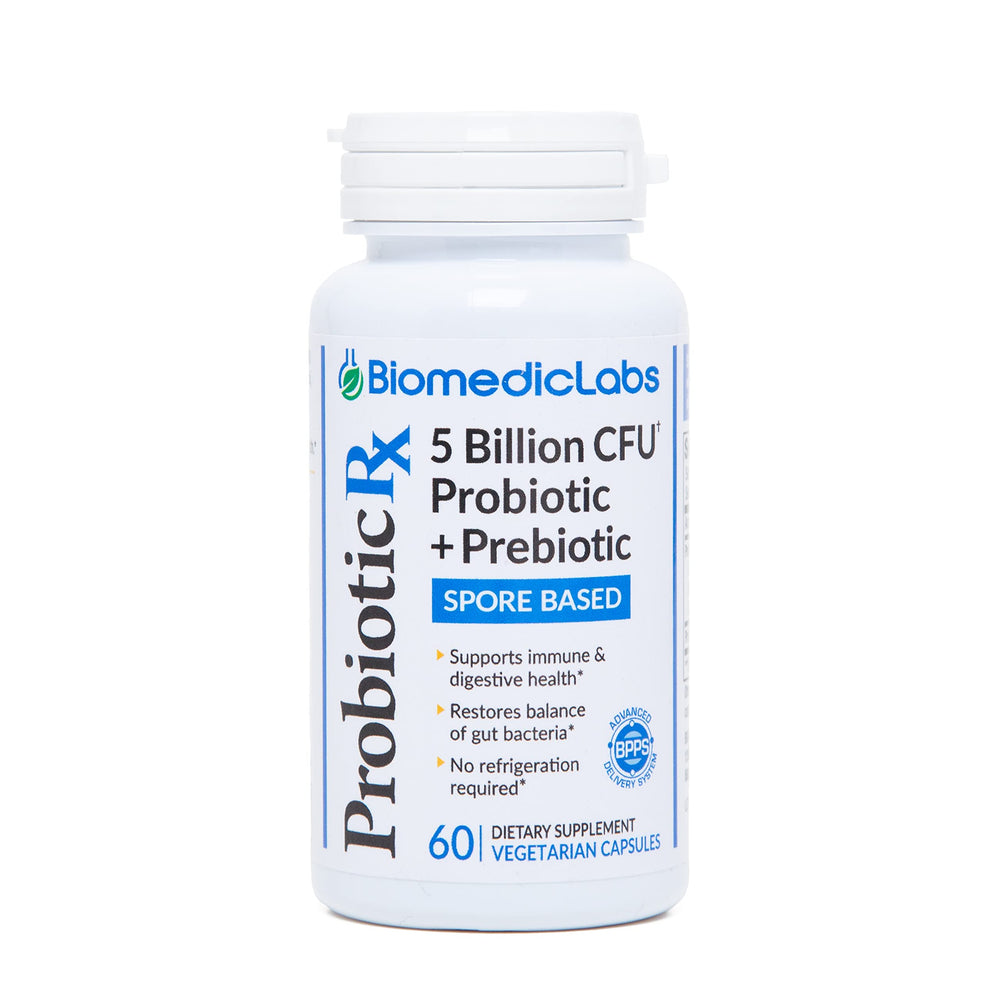 Biomedic Labs RX Probiotic Rx bottle pour shows shelf-stable SBO benefits for gut health.