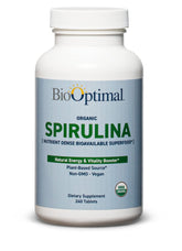 BioOptimal Spirulina Tablets bottle highlights vegan nutrition for daily energy support.