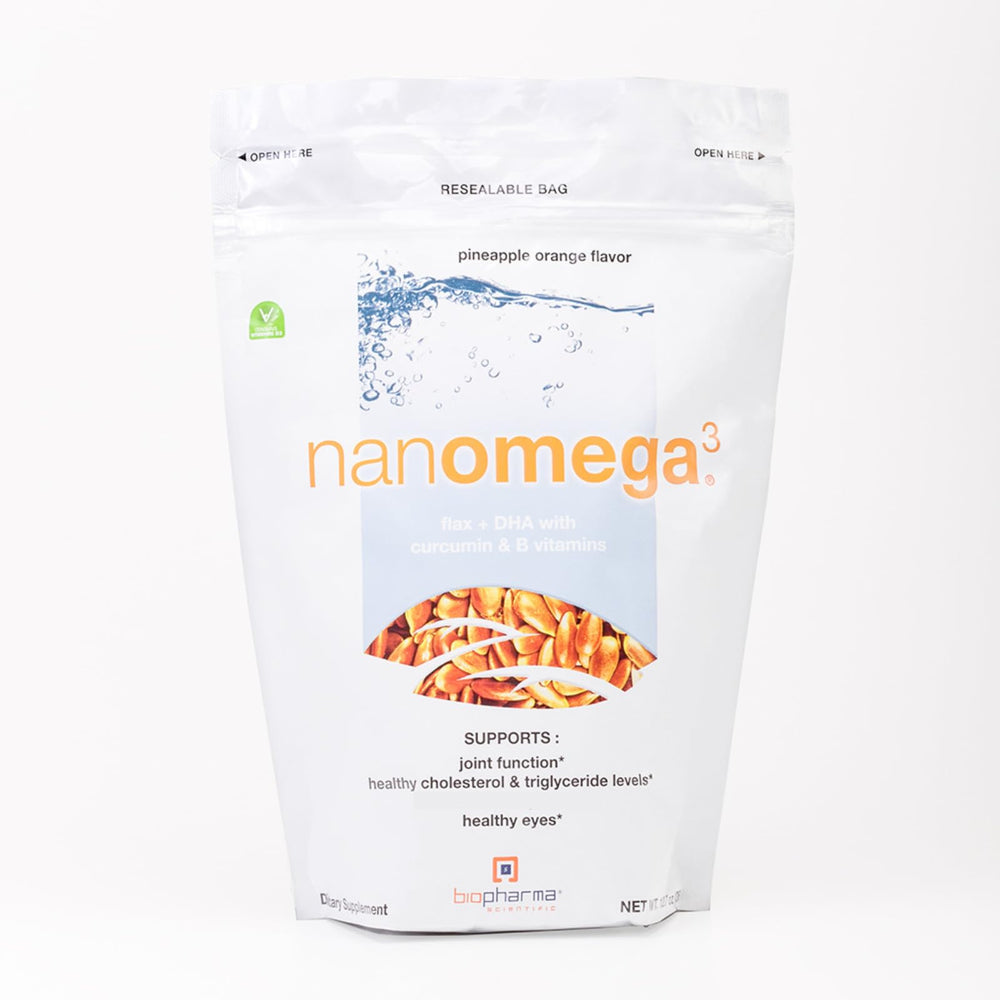 BioPharma Scientific NanOmega pineapple-orange bottle for convenient plant-based omega-3 daily support.
