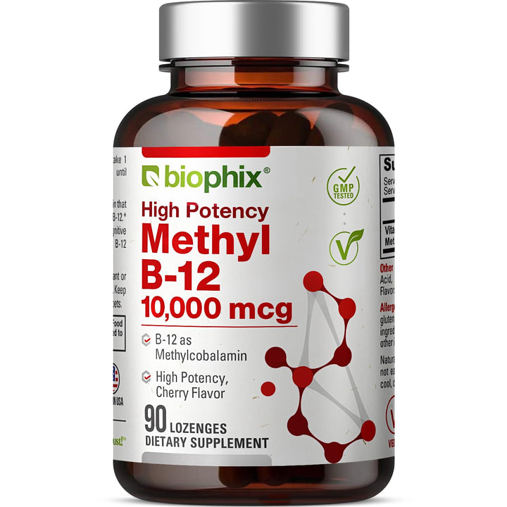 Biophix Methyl B-12 bottle label shows natural cherry flavor and 10,000 mcg potency.