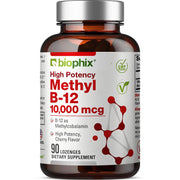 Biophix Methyl B-12 bottle label shows natural cherry flavor and 10,000 mcg potency.