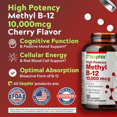 Biophix Methyl B-12 cherry lozenge in hand highlights convenient daily energy support.