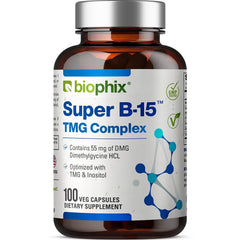 Biophix Super B-15 capsule close-up showing DMG and TMG ingredients for energy support