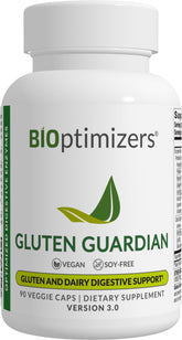 BIOptimizers Gluten Guardian 3.0 bottle on table, plant-based enzyme support for gluten digestion