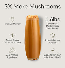 BIOptimizers Salted Caramel Mushroom Coffee Alternative pour in mug highlights quick dissolution for steady energy.