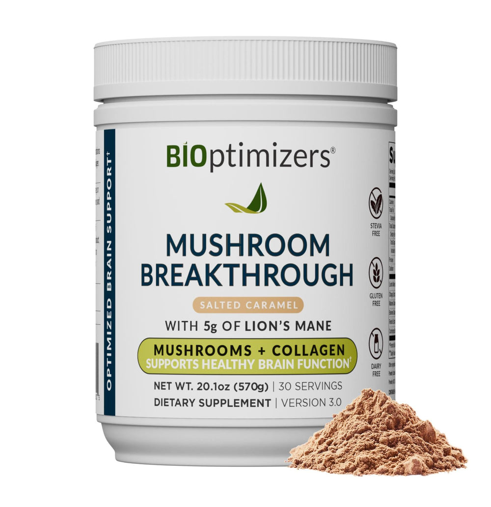 BIOptimizers Salted Caramel Mushroom Coffee bottle shows flavor and serving size for smooth focus.