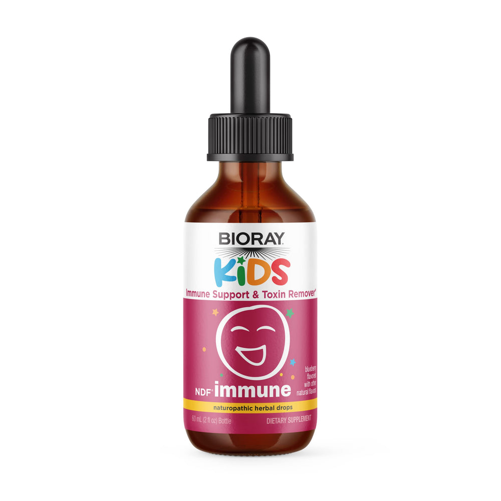 BIORAY Kids NDF Immune Blueberry bottle highlighting immune support and toxin removal potential.