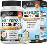 BioSchwartz coconut oil capsules bottle label, organic MCT supplement for daily use.