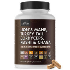 BioSchwartz 13-in-1 mushroom complex bottle front view promotes focus and immune support.