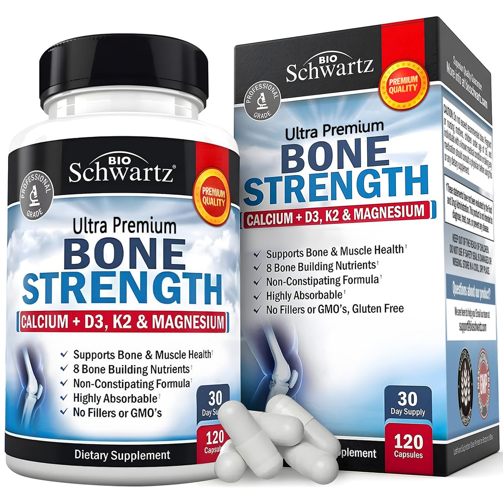 BioSchwartz Bone Strength bottle on a kitchen counter showing daily health support