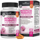 BioSchwartz Menopause Probiotics bottle front view supports digestive comfort during menopause.