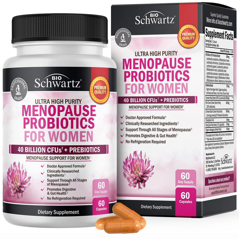 BioSchwartz menopause probiotics bottle shows daily balance and comfort.
