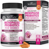 BioSchwartz menopause probiotics bottle shows daily balance and comfort.